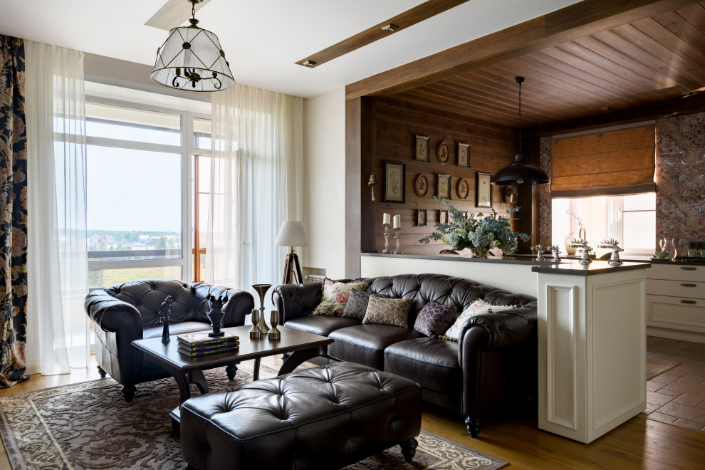 Пример оригинального дизайна: открытая гостиная комната среднего размера в стиле кантри с белыми стенами, паркетным полом среднего тона, стандартным камином, фасадом камина из дерева, телевизором на стене и деревянным потолком