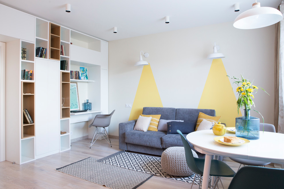 Inspiration pour une salle de séjour nordique ouverte avec un sol beige.