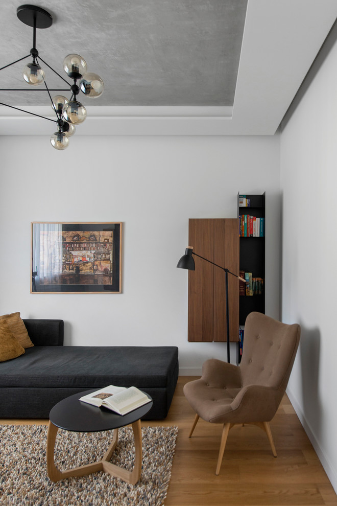 Ispirazione per un soggiorno design con pareti bianche e pavimento in legno massello medio