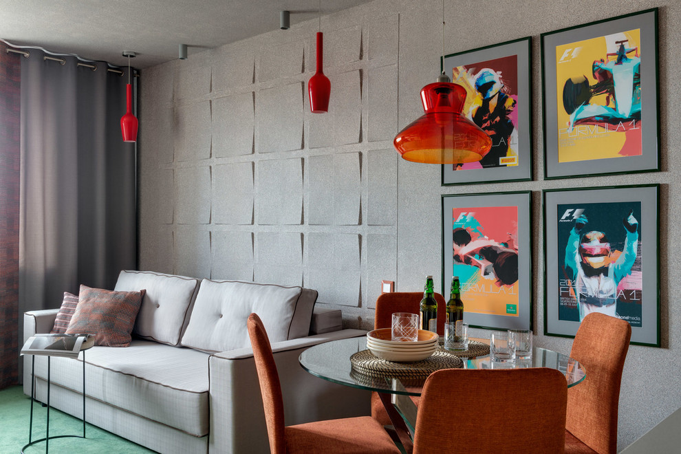 Свежая идея для дизайна: гостиная комната в современном стиле с серыми стенами, ковровым покрытием и зеленым полом - отличное фото интерьера