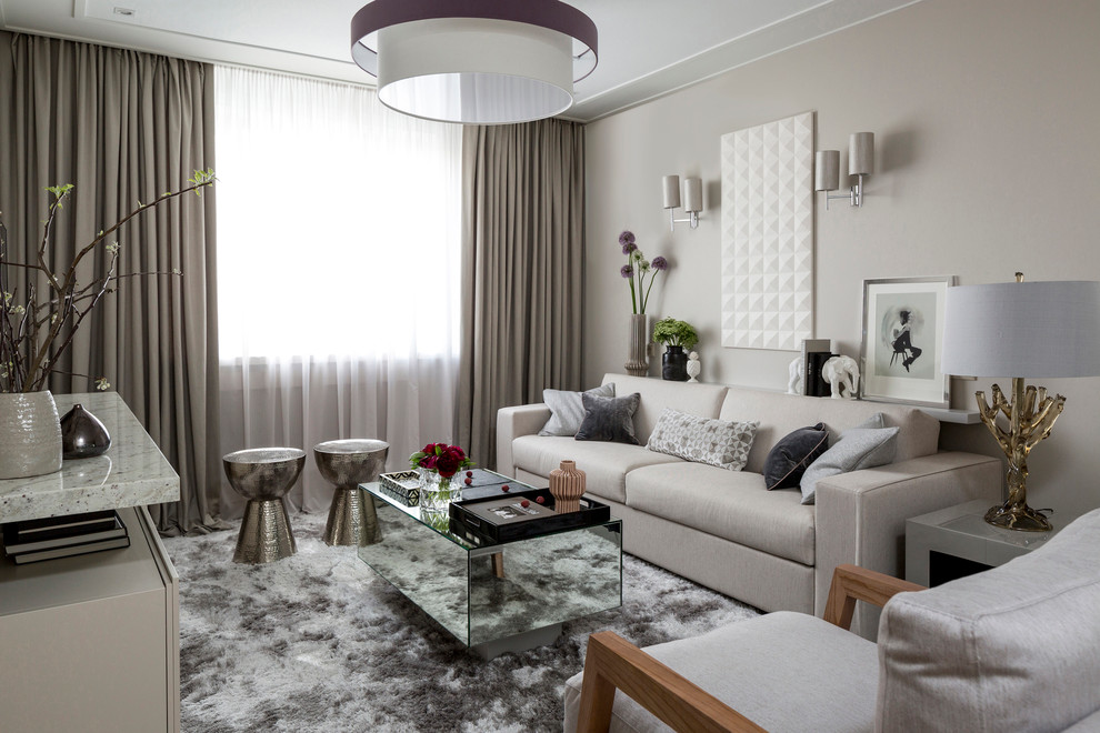 Пример оригинального дизайна: гостиная комната в скандинавском стиле с серыми стенами