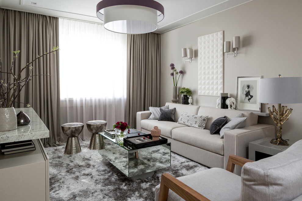 Example of a danish living room design in Moscow with gray walls