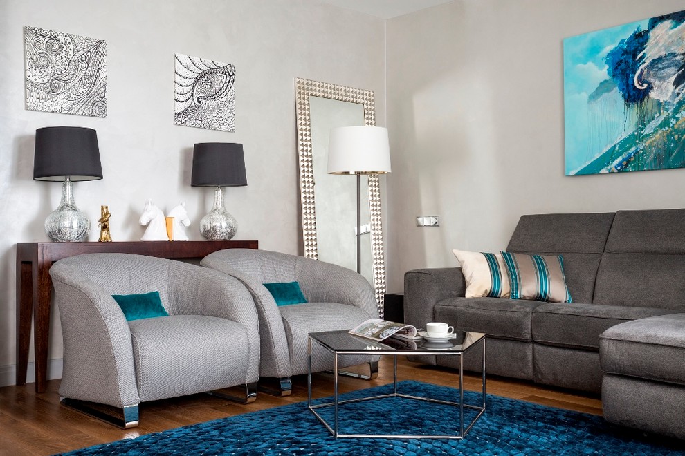 Источник вдохновения для домашнего уюта: парадная гостиная комната в современном стиле с серыми стенами и тюлем на окнах
