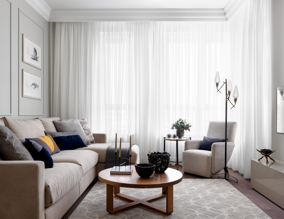 Свежая идея для дизайна: гостиная комната среднего размера в современном стиле с серыми стенами - отличное фото интерьера
