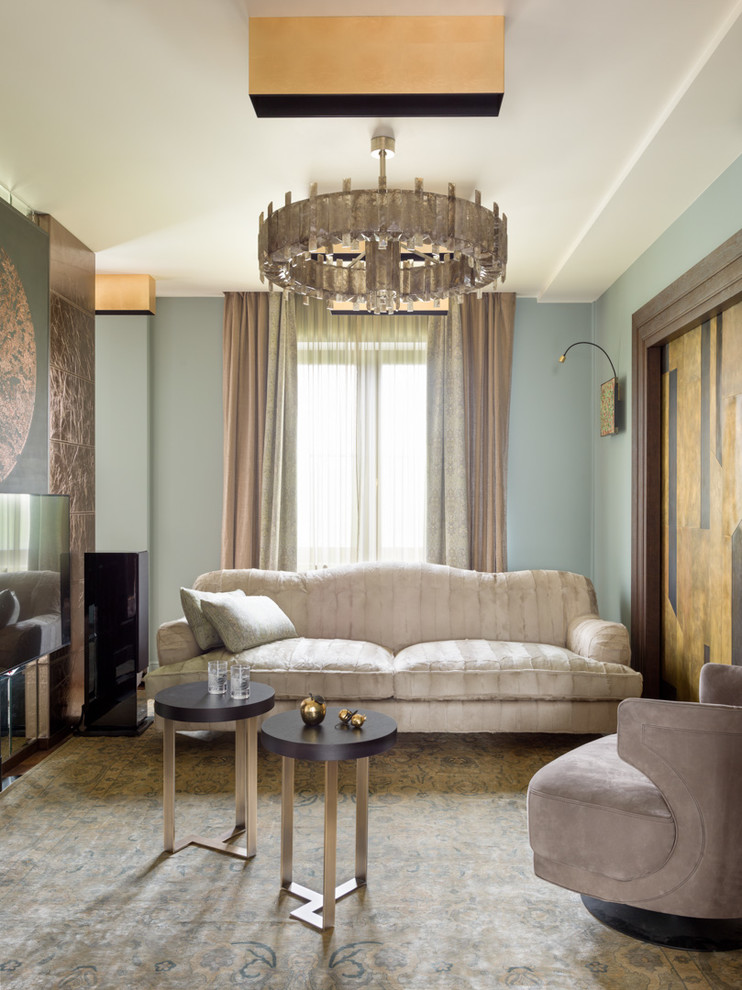 Esempio di un soggiorno design con pareti blu, moquette e tappeto