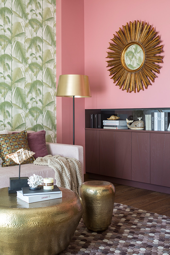 Design ideas for a bohemian grey and pink living room in Moscow with pink walls, brown floors and dark hardwood flooring.