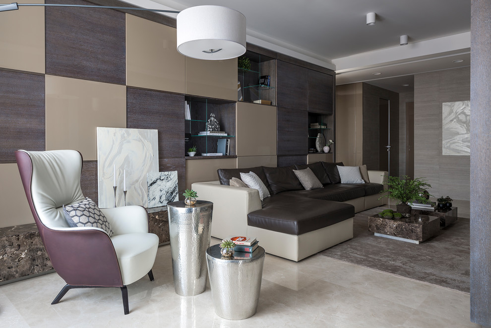 Medium sized contemporary formal open plan living room in Moscow with beige walls and beige floors.
