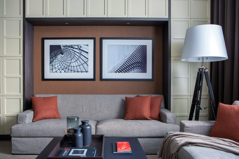 Пример оригинального дизайна: гостиная комната в современном стиле с тюлем на окнах