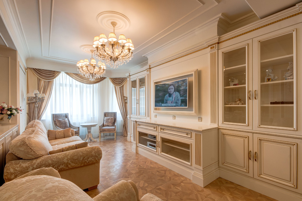 Пример оригинального дизайна: гостиная комната среднего размера в классическом стиле
