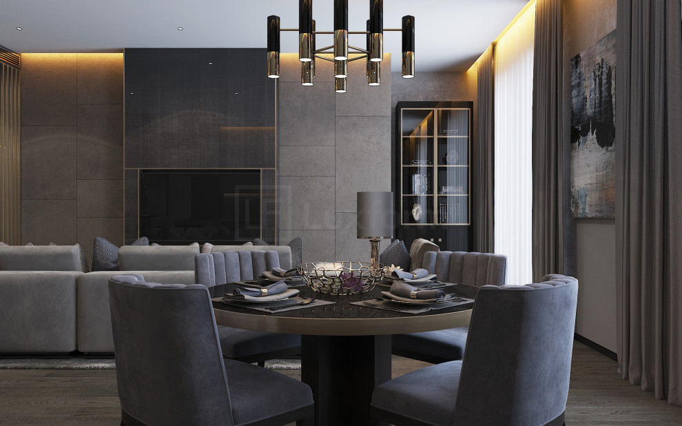 This is an example of a large contemporary dining room in Saint Petersburg with grey walls, medium hardwood flooring, a hanging fireplace, a stone fireplace surround, grey floors, a wood ceiling and wallpapered walls.