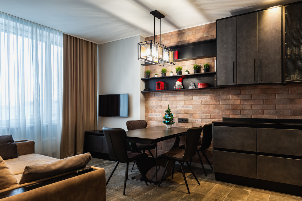 Идея дизайна: маленькая изолированная, объединенная гостиная комната в стиле лофт с серыми стенами, полом из керамогранита, телевизором на стене и коричневым полом для на участке и в саду