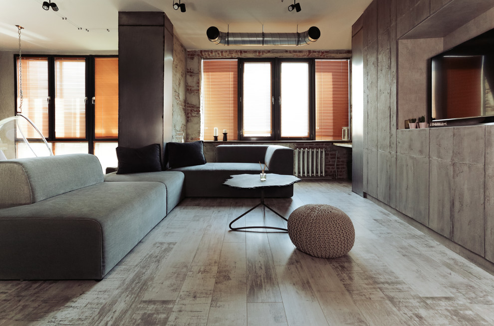 Источник вдохновения для домашнего уюта: гостиная комната в стиле лофт с серыми стенами и отдельно стоящим телевизором