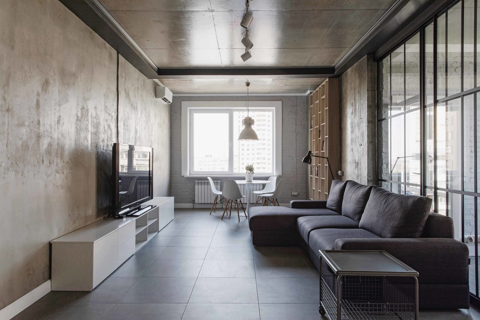 Свежая идея для дизайна: изолированная гостиная комната в стиле лофт с серыми стенами, отдельно стоящим телевизором и серым полом - отличное фото интерьера
