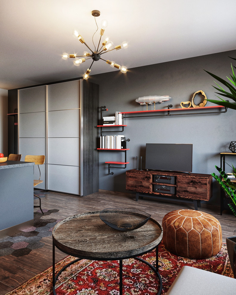 Diseño de salón abierto industrial pequeño con paredes grises, suelo laminado y televisor independiente
