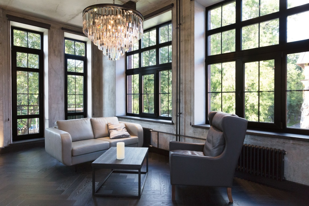 Design ideas for an urban living room in Moscow with grey walls and dark hardwood flooring.