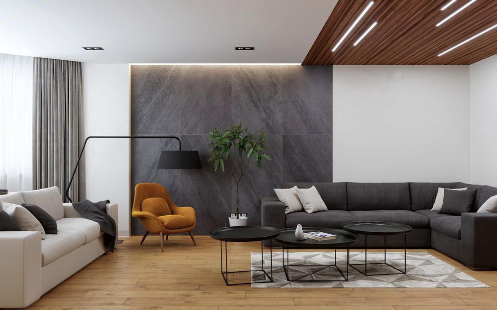 Diseño de salón contemporáneo de tamaño medio con paredes grises, suelo de madera en tonos medios y televisor colgado en la pared