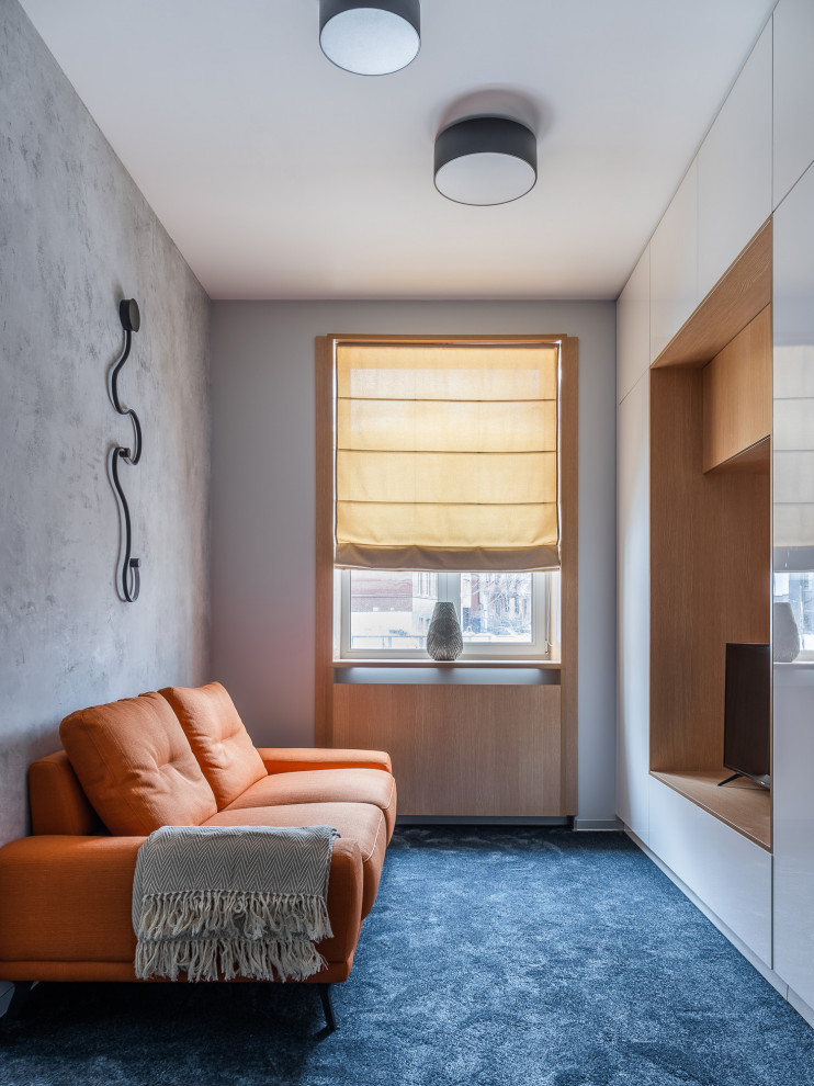 Inspiration för små moderna vardagsrum, med grå väggar, heltäckningsmatta, en fristående TV och blått golv