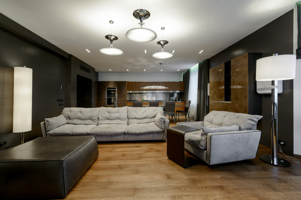 Inspiration for a contemporary living room in Novosibirsk with medium hardwood flooring.
