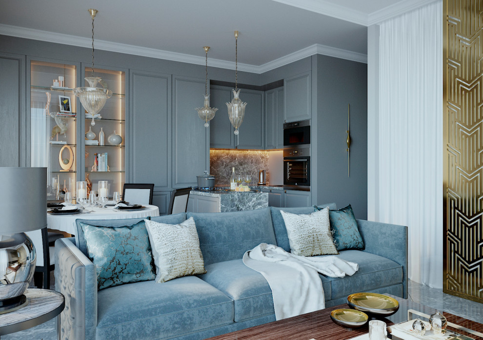 Immagine di un soggiorno classico di medie dimensioni e aperto con pareti grigie e pavimento grigio