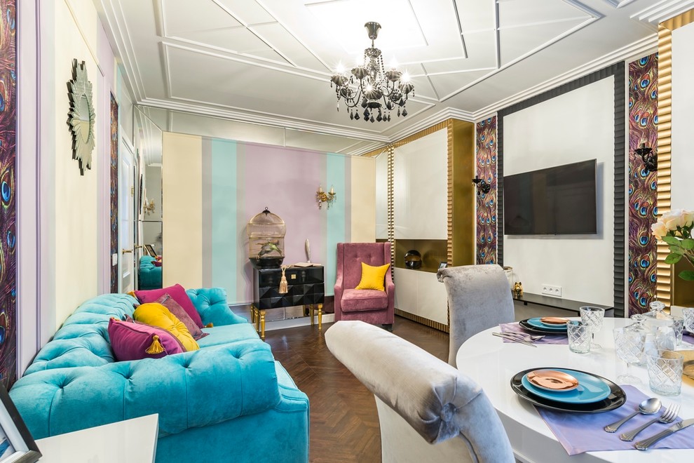 Источник вдохновения для домашнего уюта: гостиная комната в стиле фьюжн с тюлем на окнах