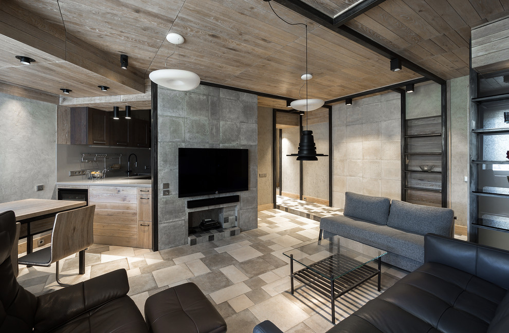 Esempio di un piccolo soggiorno contemporaneo aperto con sala formale, pareti grigie, pavimento con piastrelle in ceramica, TV a parete e pavimento grigio