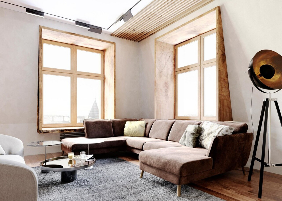 Свежая идея для дизайна: объединенная гостиная комната в стиле неоклассика (современная классика) - отличное фото интерьера