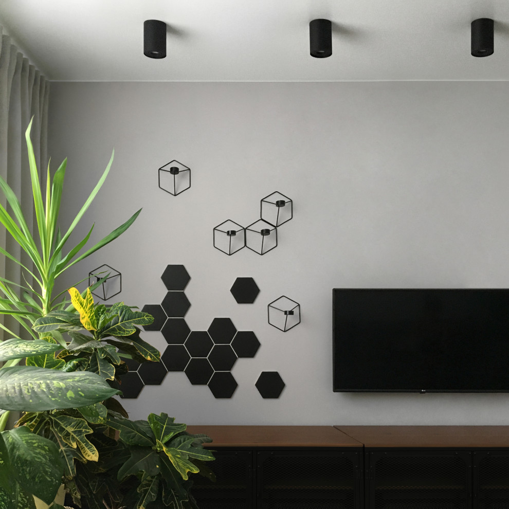 Inspiration för minimalistiska vardagsrum, med grå väggar, laminatgolv och en väggmonterad TV