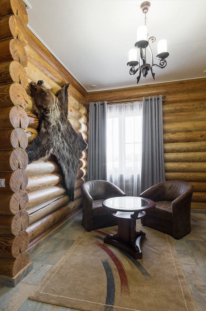Источник вдохновения для домашнего уюта: гостиная комната среднего размера в стиле кантри с полом из керамогранита и тюлем на окнах