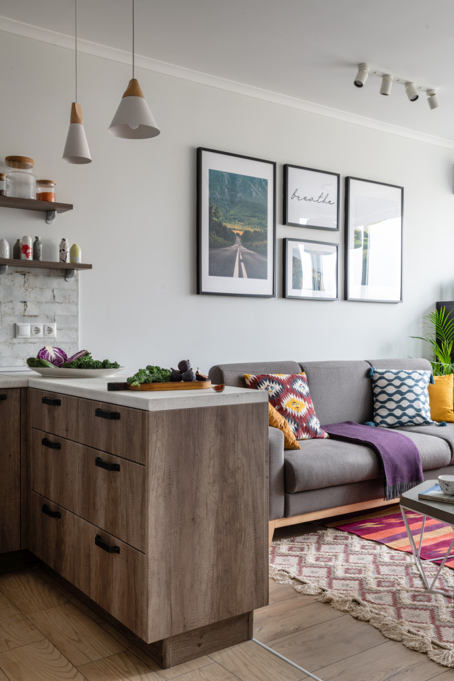Immagine di un soggiorno minimal di medie dimensioni e aperto con pareti grigie e TV a parete