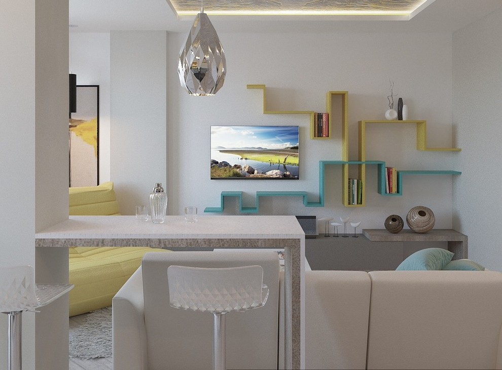 Источник вдохновения для домашнего уюта: открытая гостиная комната среднего размера в современном стиле с домашним баром, белыми стенами, светлым паркетным полом и телевизором на стене