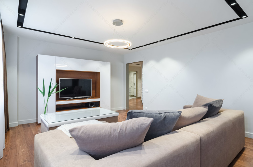 Источник вдохновения для домашнего уюта: изолированная гостиная комната среднего размера в современном стиле с белыми стенами, полом из ламината и коричневым полом