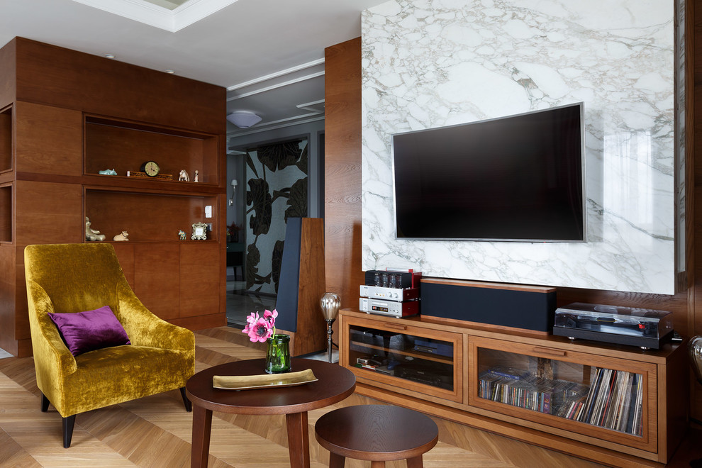 Свежая идея для дизайна: гостиная комната в стиле неоклассика (современная классика) с тюлем на окнах - отличное фото интерьера