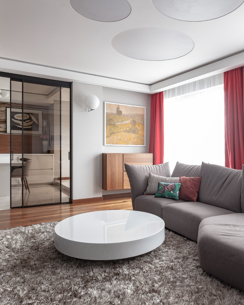 Esempio di un soggiorno minimal di medie dimensioni e chiuso con pareti grigie, parquet scuro, TV nascosta e pavimento marrone