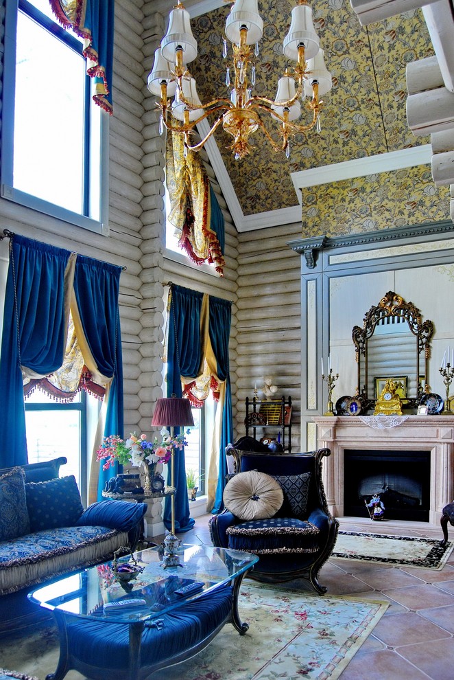 Пример оригинального дизайна: гостиная комната в стиле фьюжн