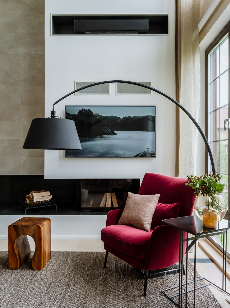 Пример оригинального дизайна: гостиная комната в современном стиле с зоной отдыха