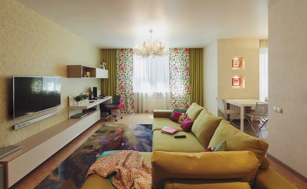 Пример оригинального дизайна: объединенная гостиная комната в современном стиле