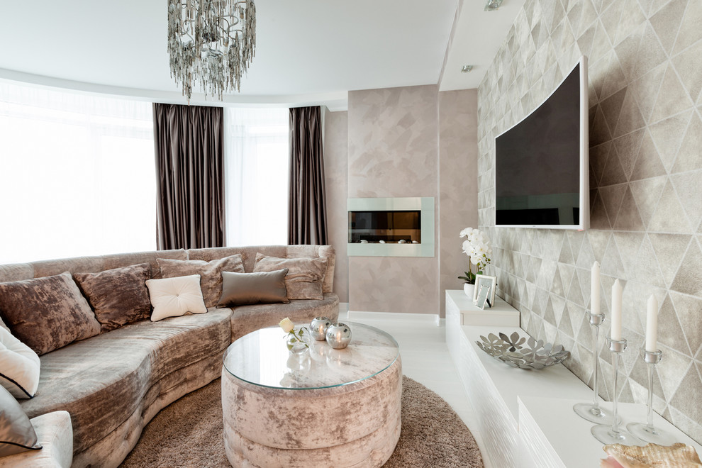 Living room - contemporary formal and open concept living room idea in Other with beige walls, a corner fireplace, a metal fireplace and a wall-mounted tv