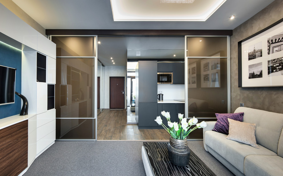 Esempio di un piccolo soggiorno contemporaneo con pareti marroni, moquette e pavimento grigio