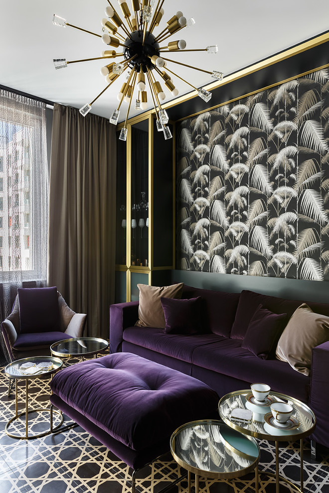 Свежая идея для дизайна: гостиная комната в современном стиле с черными стенами - отличное фото интерьера