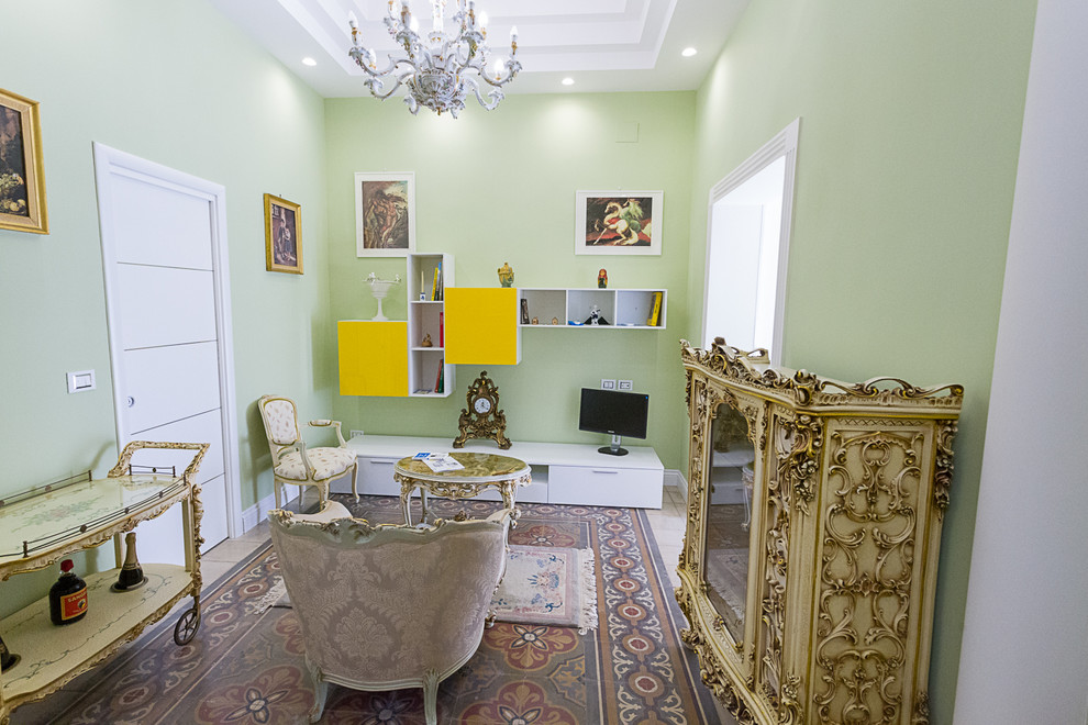 Ispirazione per un soggiorno chic di medie dimensioni e aperto con sala formale, pareti verdi, pavimento in cemento e pavimento multicolore