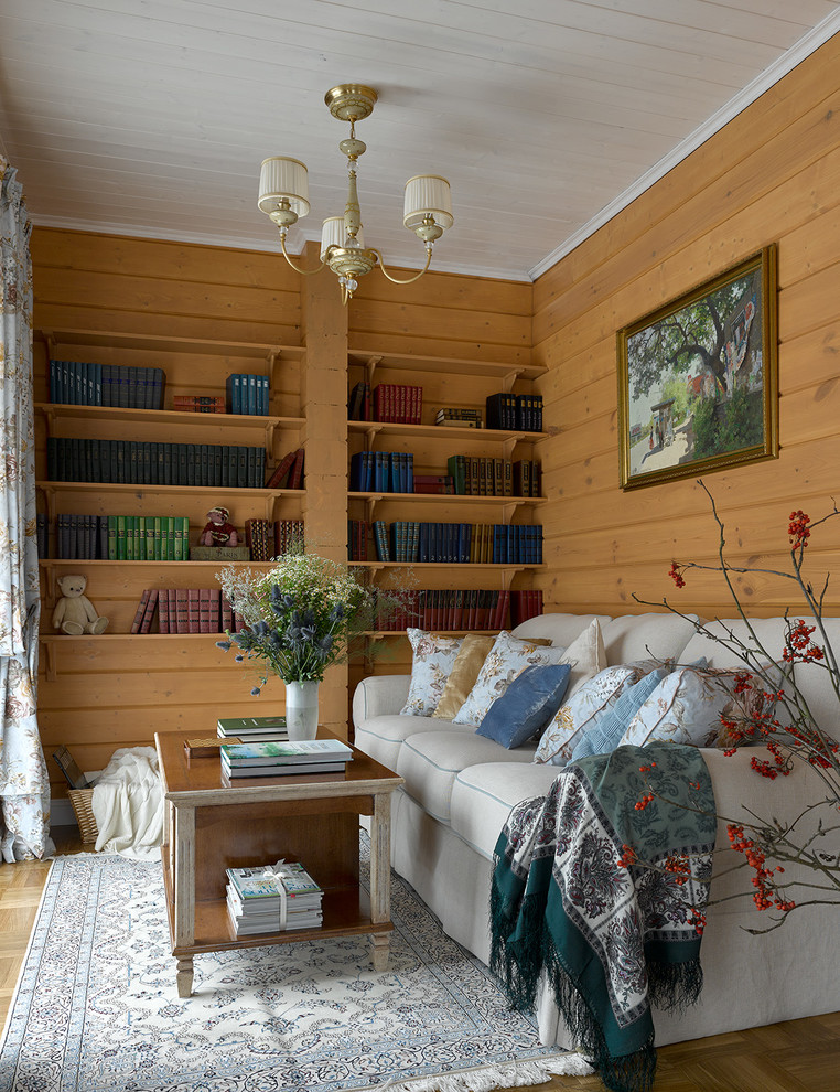 Foto di un soggiorno eclettico di medie dimensioni e aperto con pareti marroni e moquette