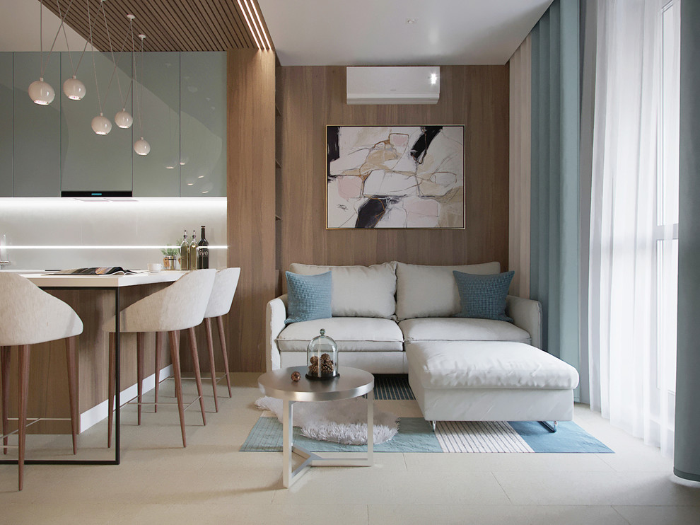 Kleines, Offenes Modernes Wohnzimmer ohne Kamin mit Porzellan-Bodenfliesen, brauner Wandfarbe und beigem Boden in Valencia