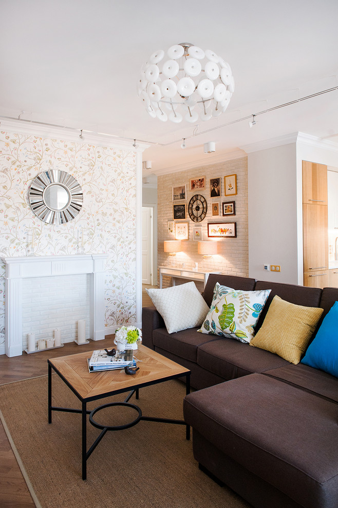 Imagen de salón para visitas abierto nórdico con paredes blancas y moqueta