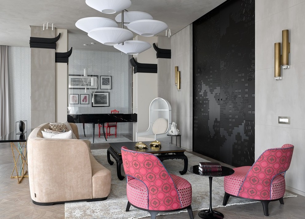 Foto di un soggiorno minimal con pareti grigie e pavimento beige