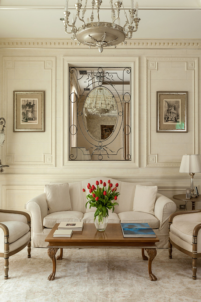 Imagen de salón para visitas tradicional con moqueta y paredes blancas