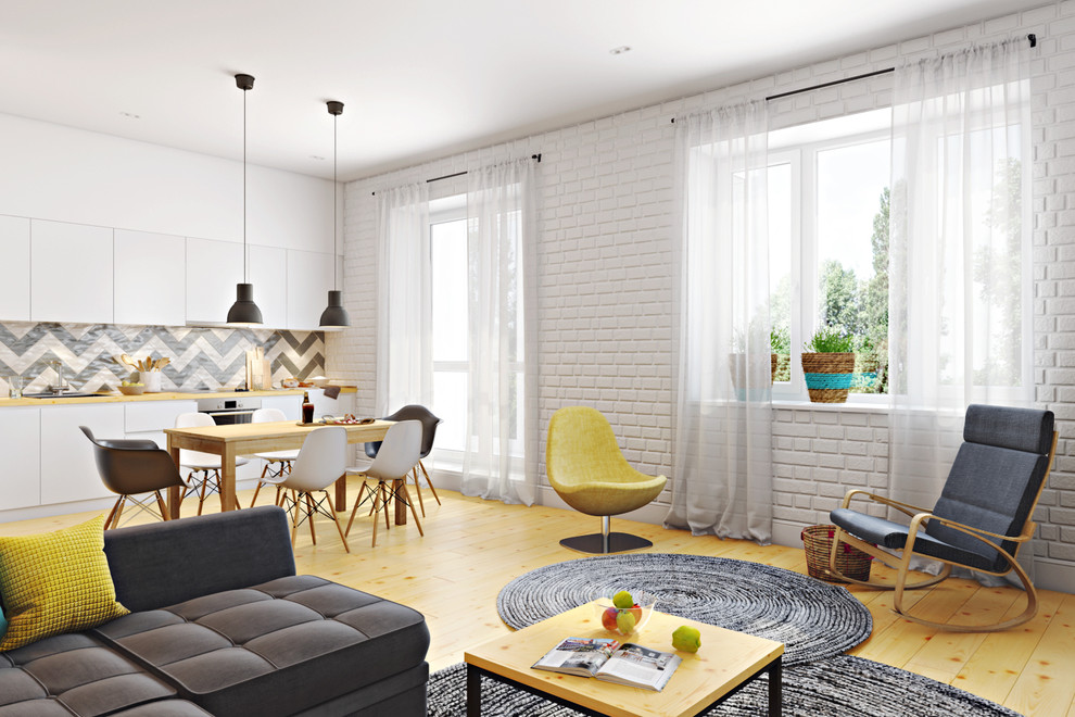 Стильный дизайн: открытая гостиная комната среднего размера в скандинавском стиле с белыми стенами, паркетным полом среднего тона, отдельно стоящим телевизором и бежевым полом - последний тренд
