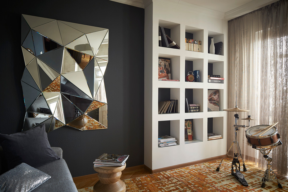 Свежая идея для дизайна: гостиная комната в современном стиле с музыкальной комнатой, черными стенами и ковровым покрытием - отличное фото интерьера