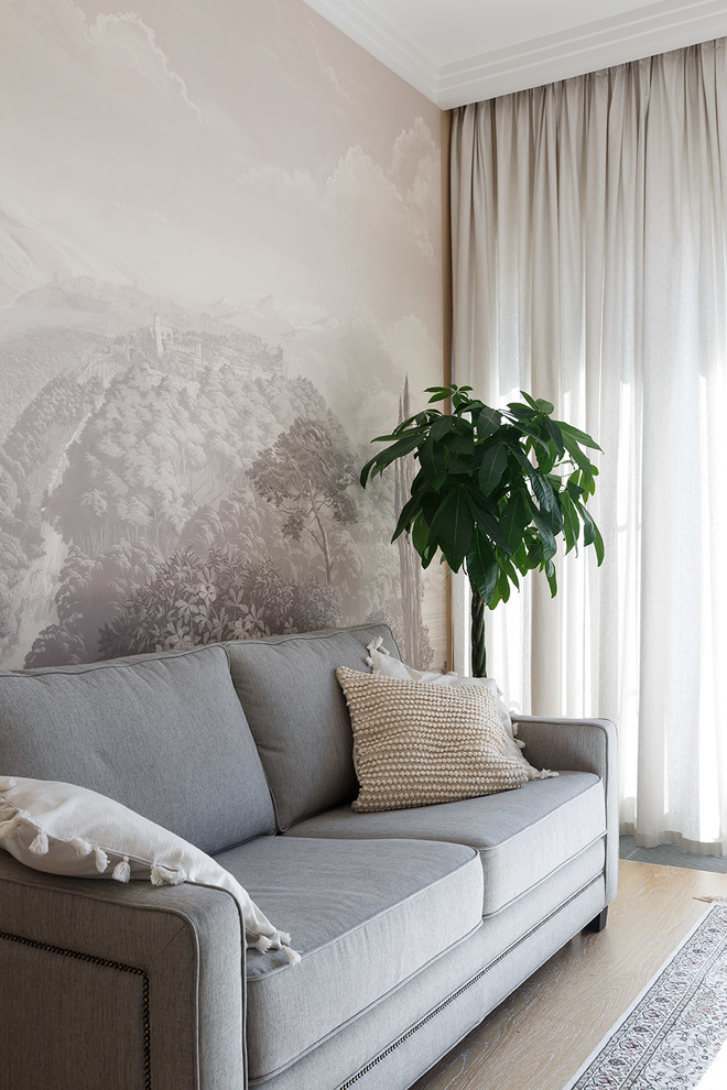Свежая идея для дизайна: гостиная комната среднего размера в стиле неоклассика (современная классика) - отличное фото интерьера