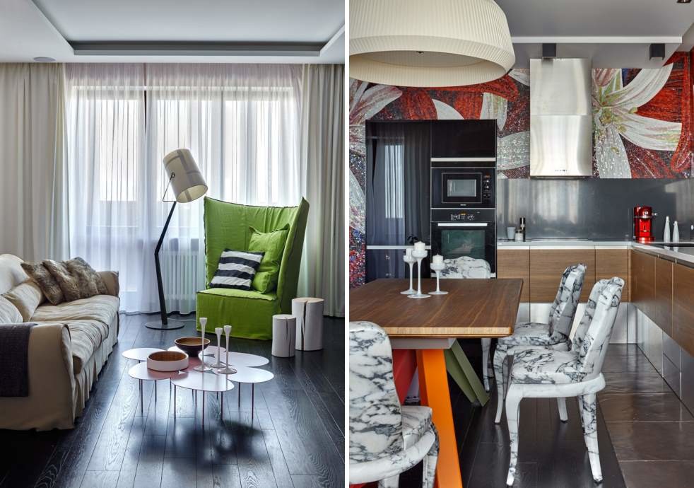 Стильный дизайн: открытая гостиная комната среднего размера в стиле фьюжн с темным паркетным полом и коричневым полом без камина - последний тренд