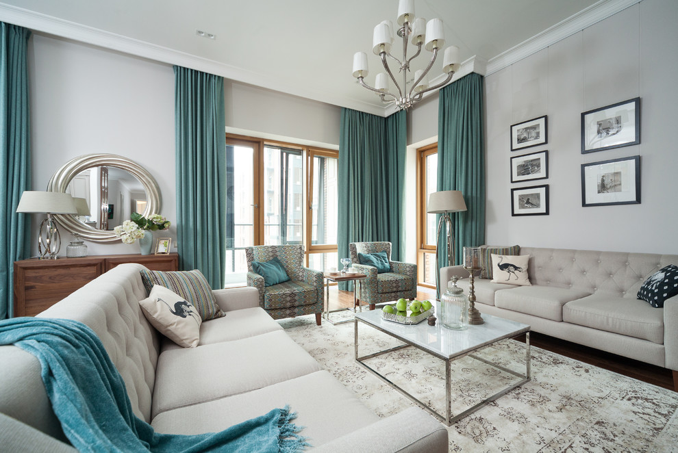 Immagine di un grande soggiorno classico con sala formale, pareti grigie e moquette